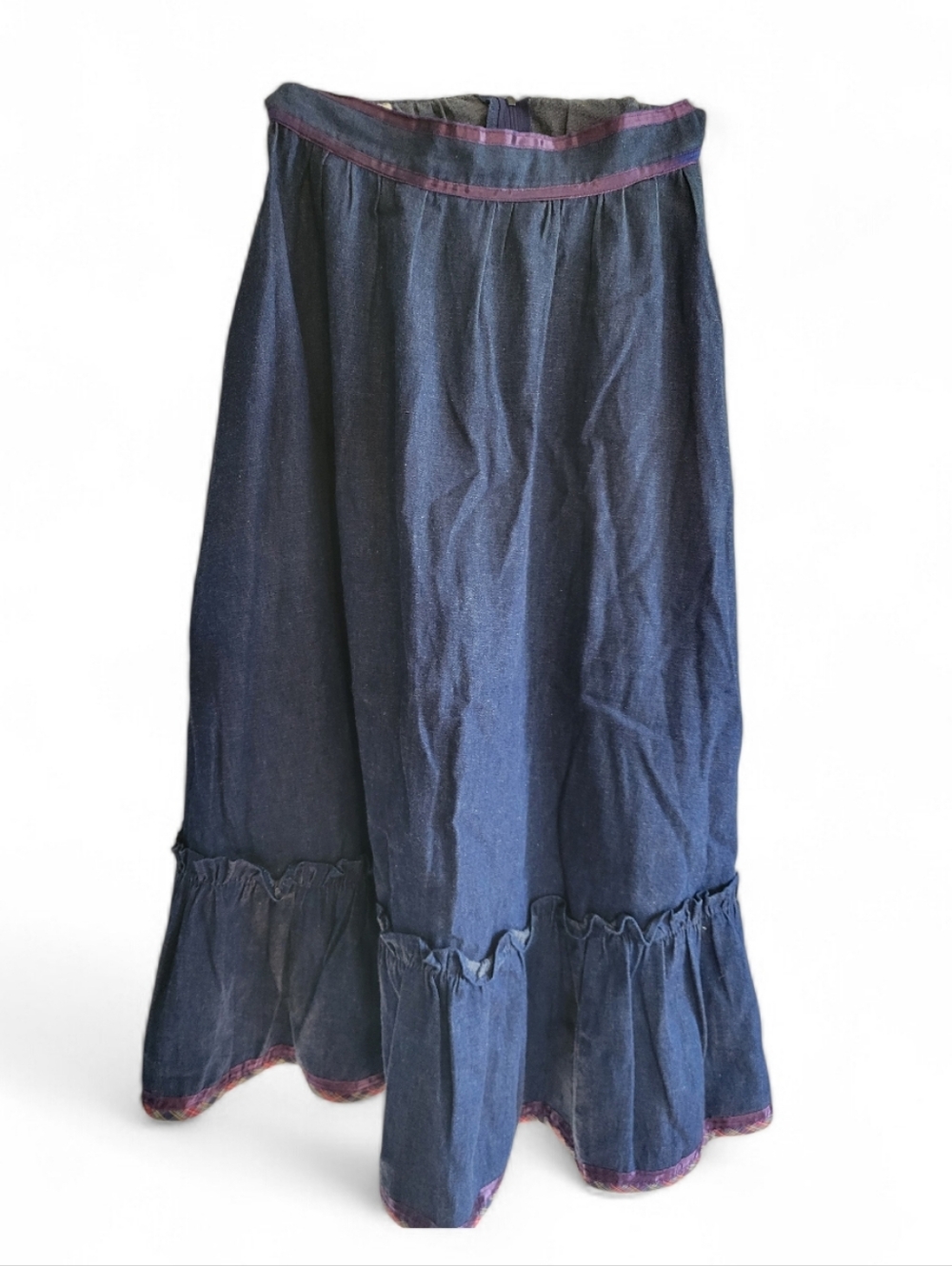 Gunne Sax Denim Prairie Skirt With bottom ruffle, Plaid Trim Size XS